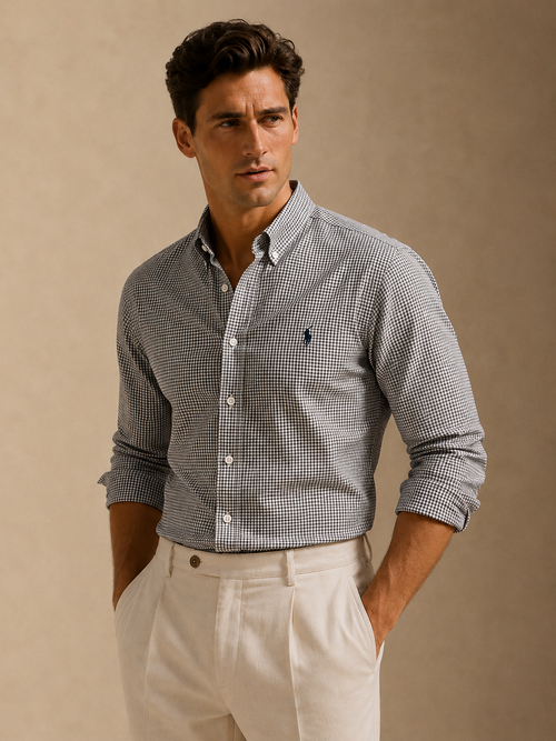 RL Custom Fit Gingham Oxford Shirt Light Grey