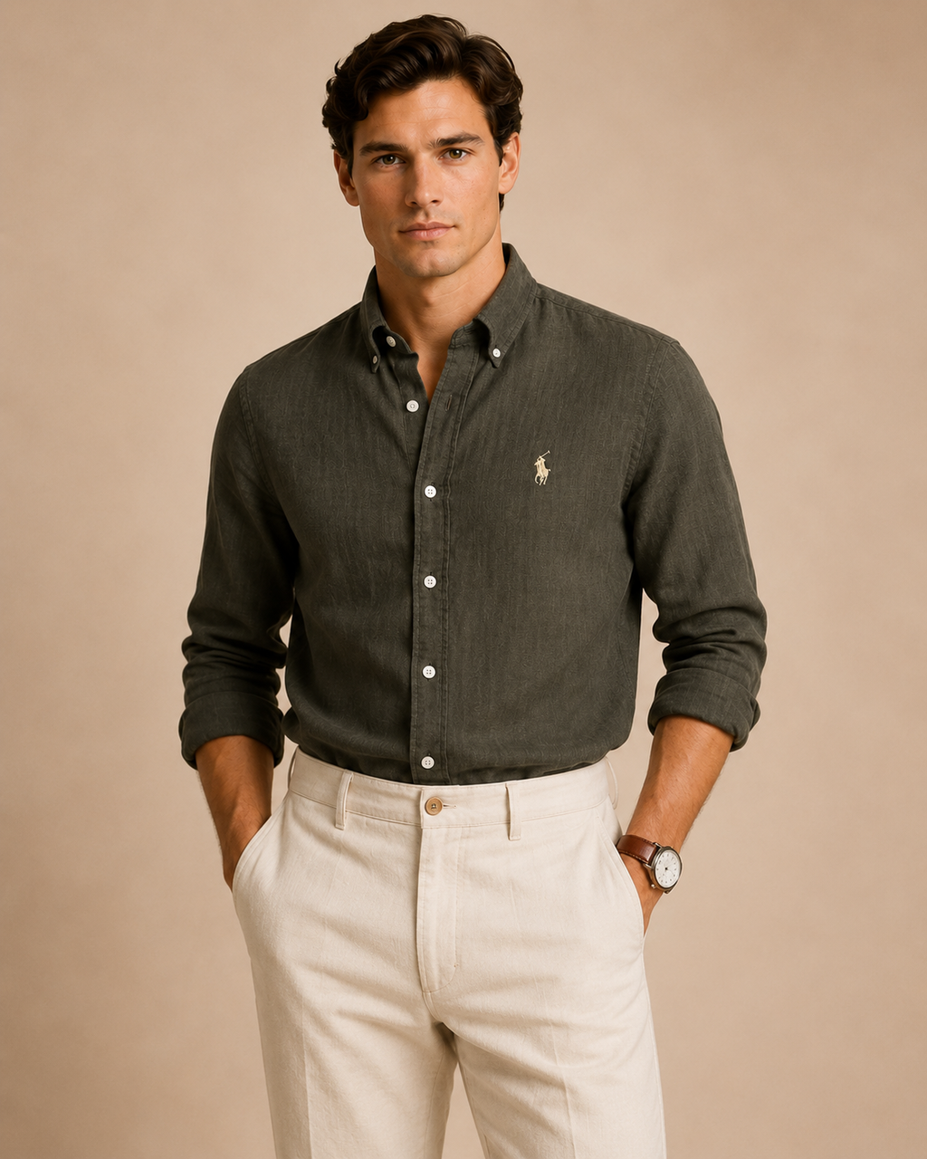 RL Custom Fit Linen Shirt Olive Sage