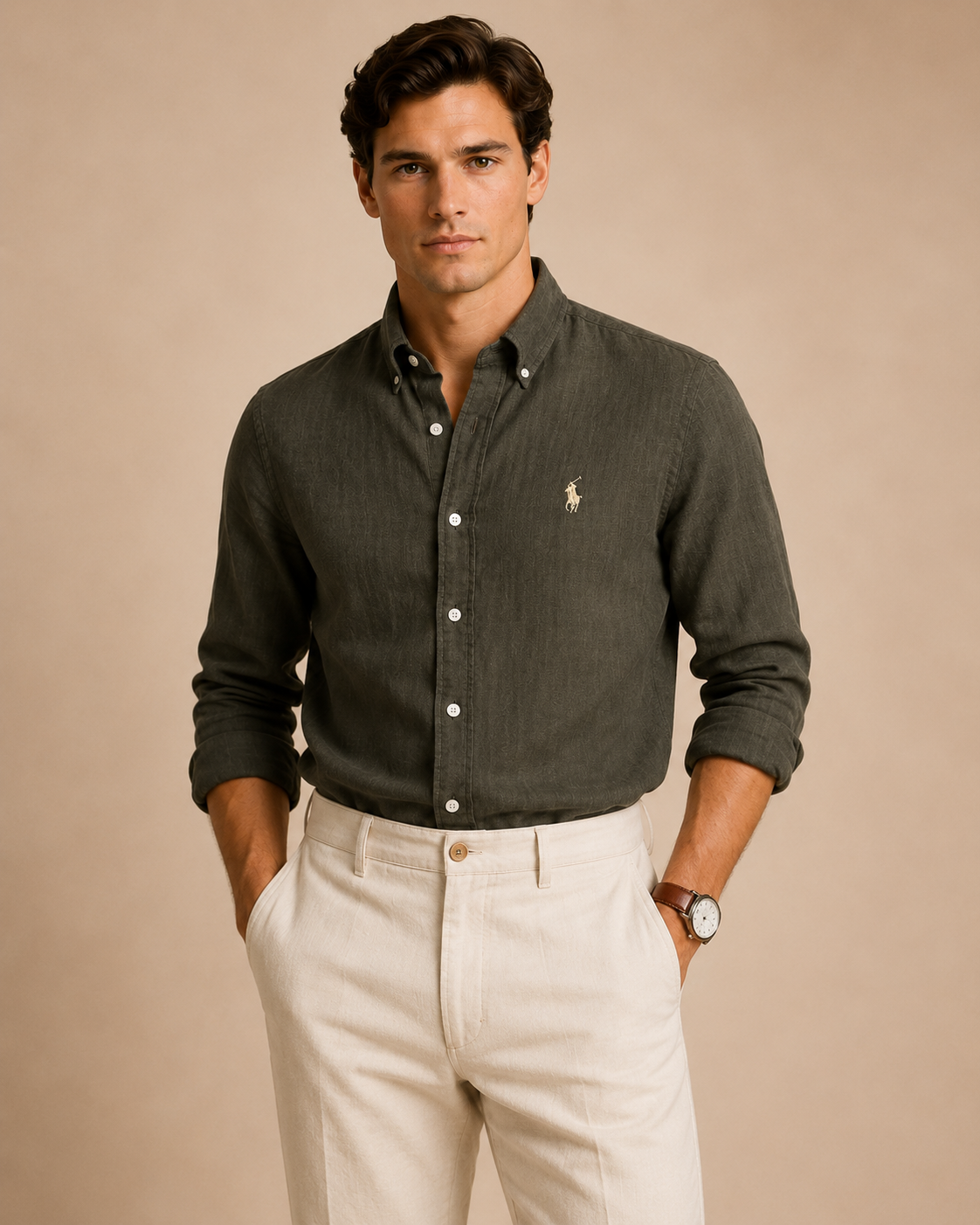 RL Custom Fit Linen Shirt Olive Sage