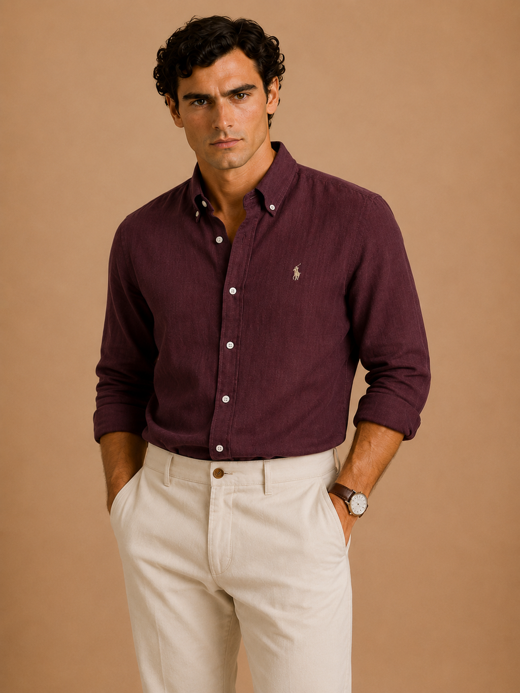 RL Custom Fit Linen Shirt Burgundy