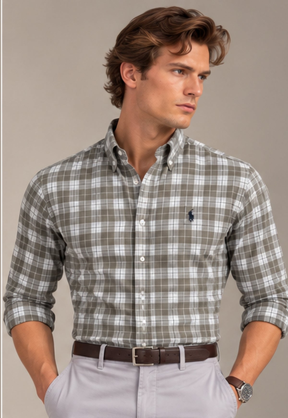 RL Polo Plaid Oxford Olive Grey Shirt