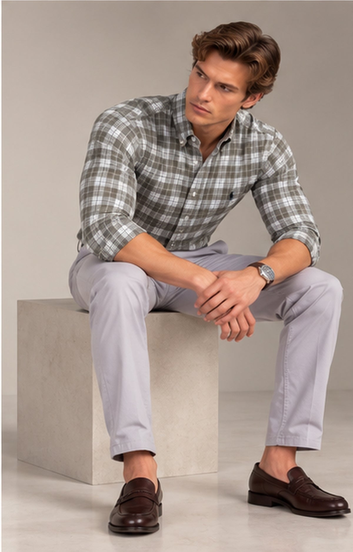 RL Polo Plaid Oxford Olive Grey Shirt