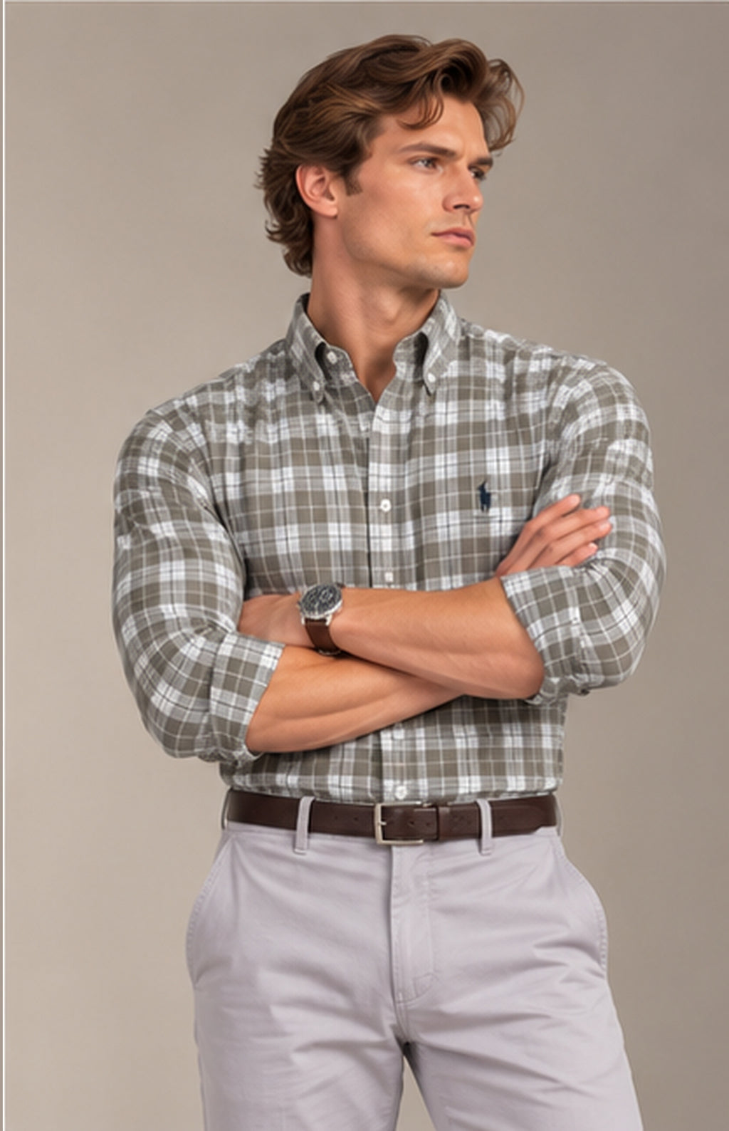RL Polo Plaid Oxford Olive Grey Shirt