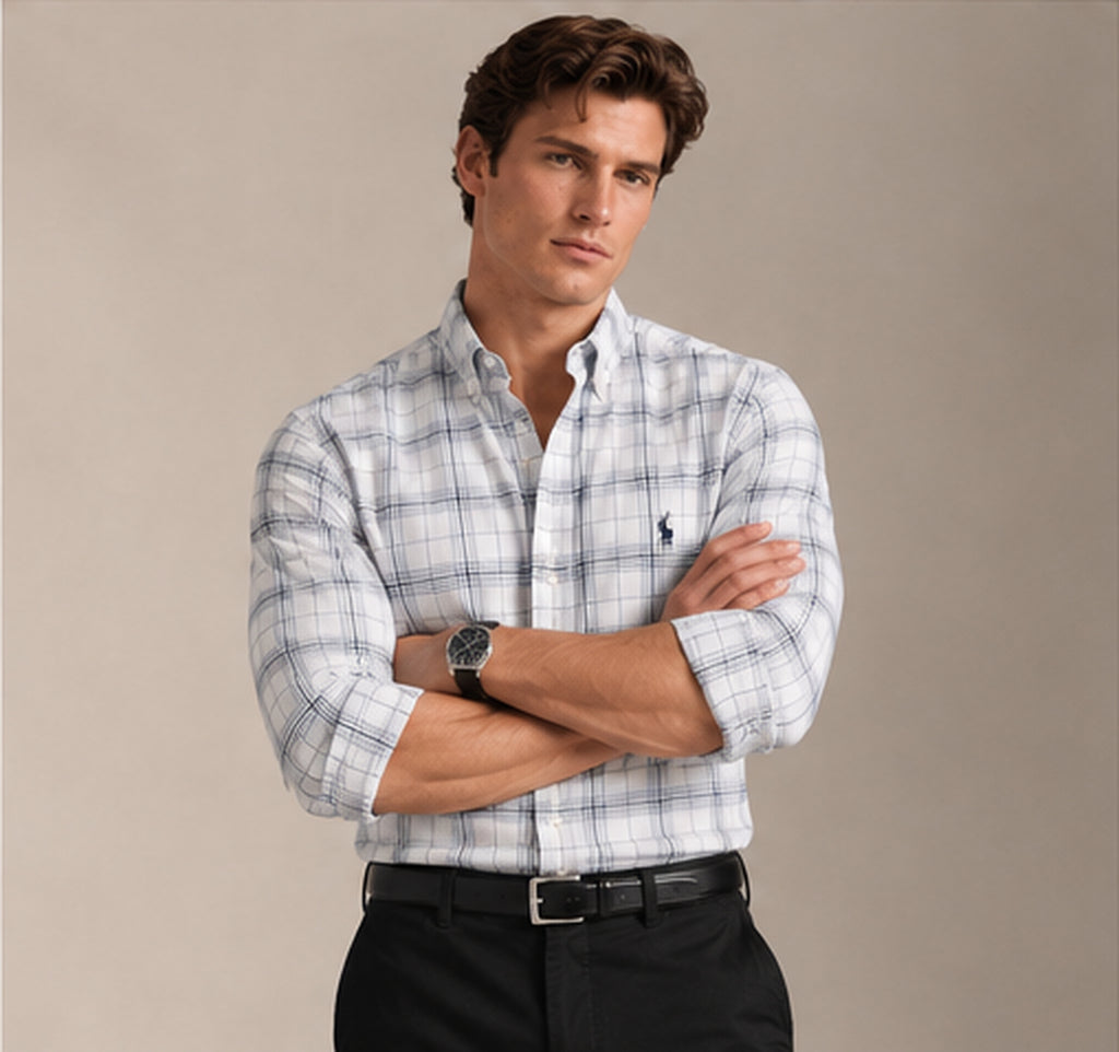 RL Polo Plaid Oxford Cloud Grey Shirt